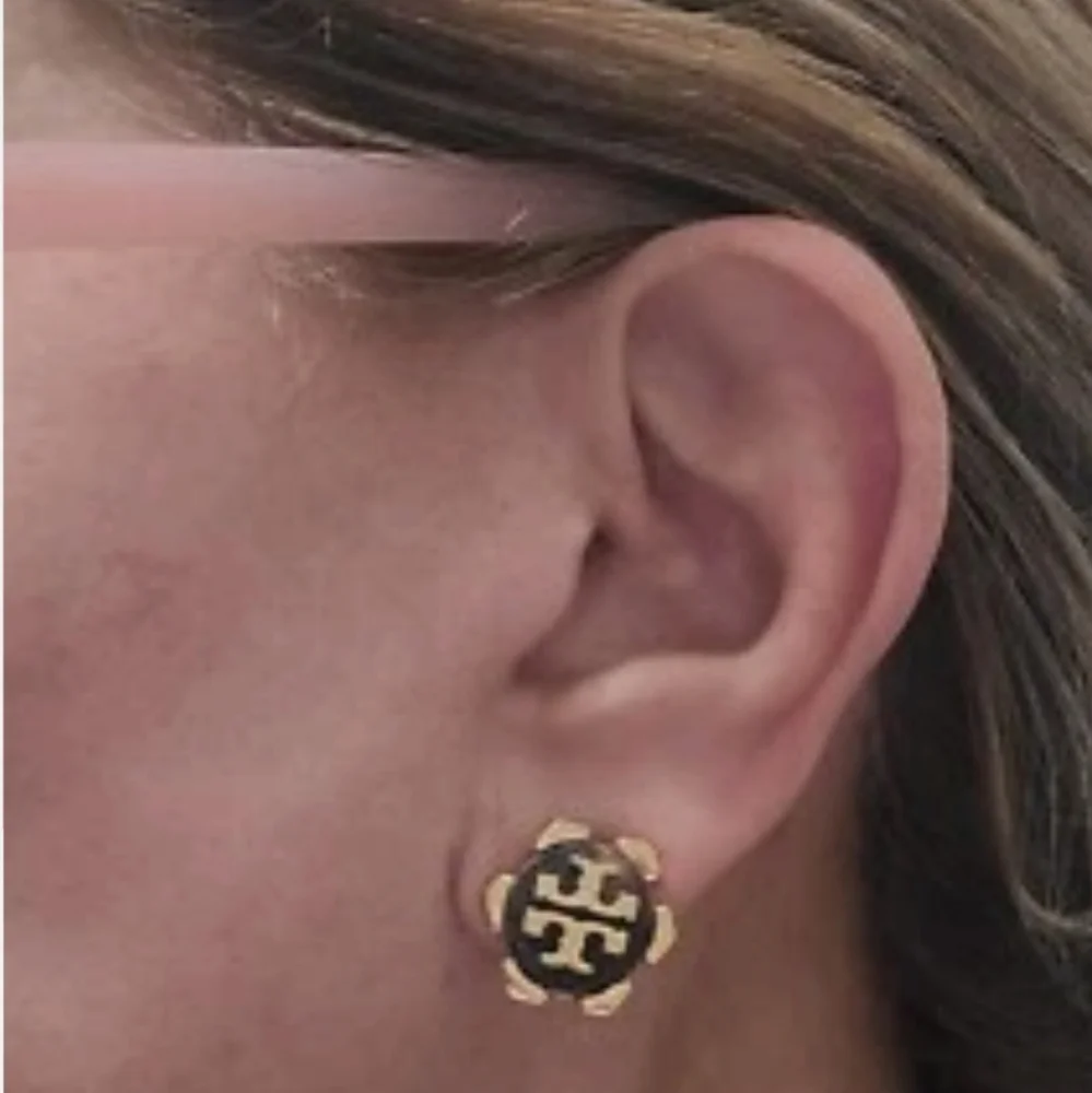 Tory Burch Gold & Navy Logo Stud Earrings